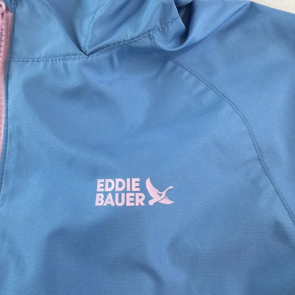 Eddie Bauer Kids M 10/12 Pink Blue Hooded Rain Jacket Windbreaker Girls